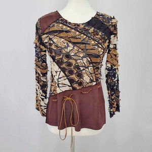 Punky Girl Brown Multi Print Distressed Beaded Top